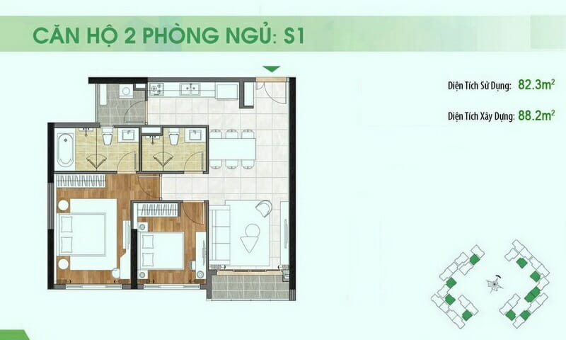 Căn hộ Sala Sadora cho thuê 2 phòng ngủ mát tầng 6 block A đủ nội thất