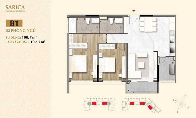 Cho thuê Sala Sarica tầng 7 block B đủ nội thất 2 phòng ngủ view quận 1