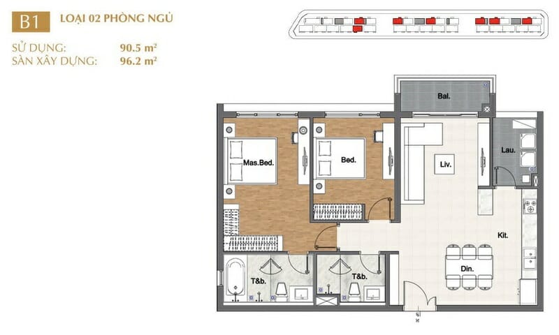 Căn Sala Sarina cho thuê 2 phòng ngủ view L81 lầu 8 toà C nội thất đầy đủ