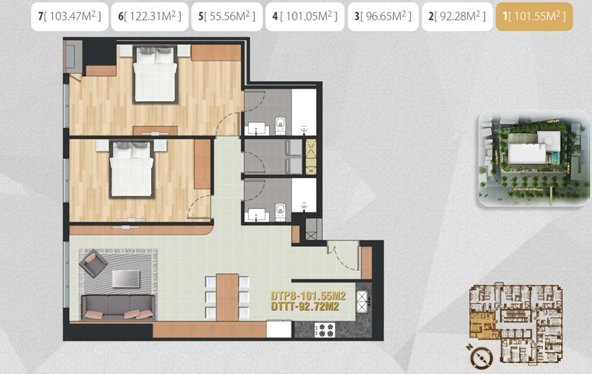 Mặt bằng căn hộ Pearl Plaza: Diện tích và thiết kế Layout