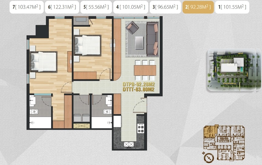 Mặt bằng căn hộ Pearl Plaza: Diện tích và thiết kế Layout
