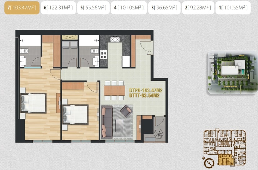 Mặt bằng căn hộ Pearl Plaza: Diện tích và thiết kế Layout