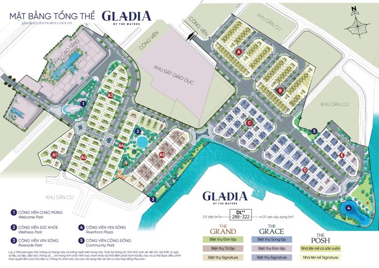 Mặt bằng dự án Gladia By The Water: Quy hoạch 3 phân khu