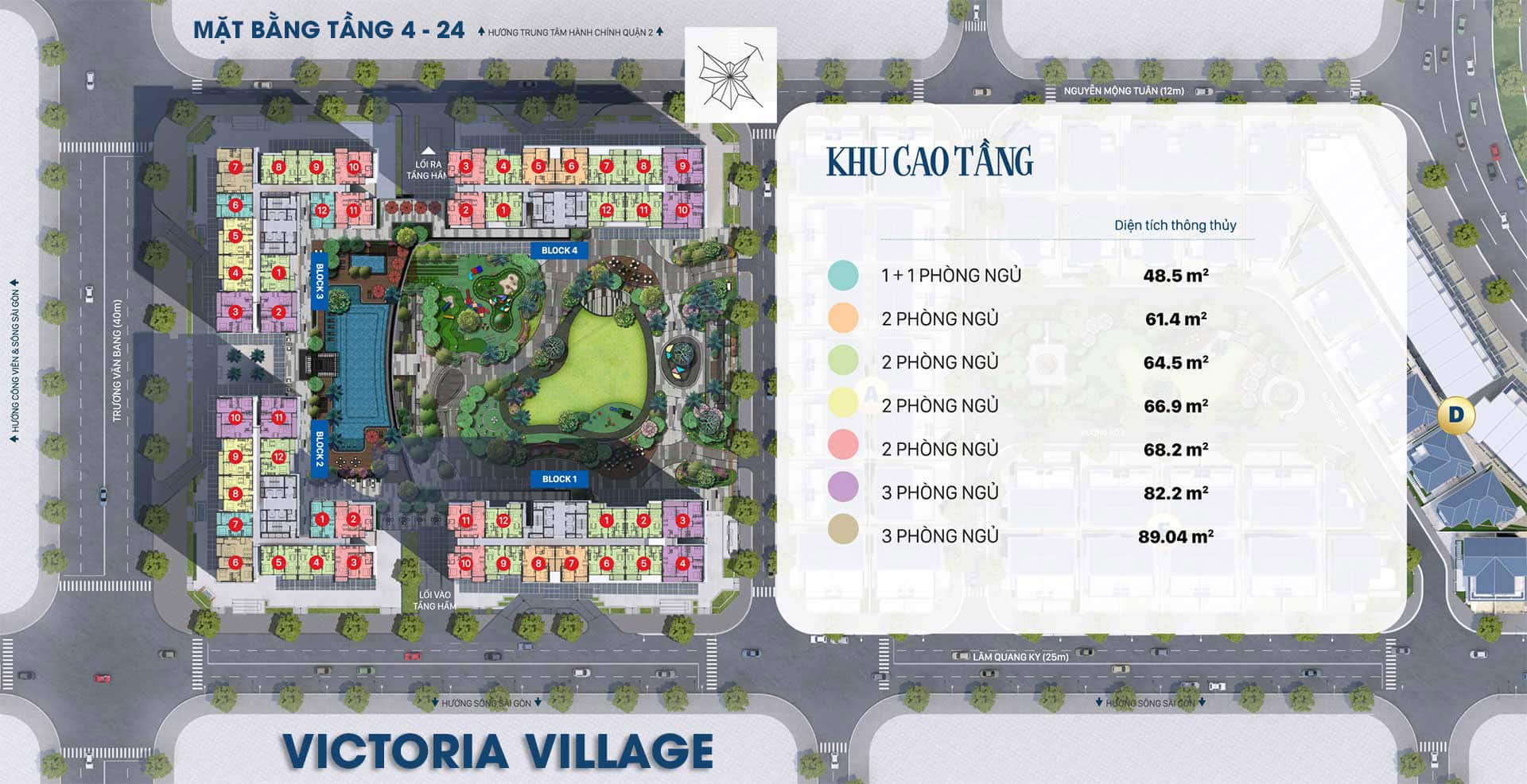 Mặt bằng căn hộ Victoria Village: Layout 1PN–3PN