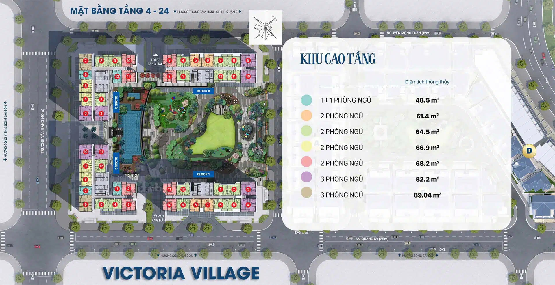 Mặt bằng căn hộ Victoria Village: Layout 1PN–3PN