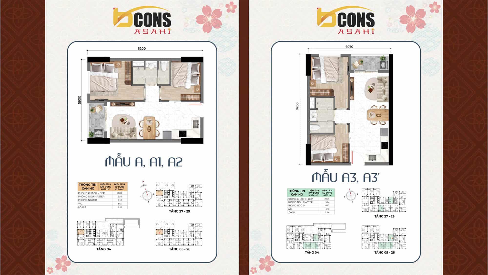 Mặt bằng căn hộ Bcons Asahi & thiết kế từng loại căn