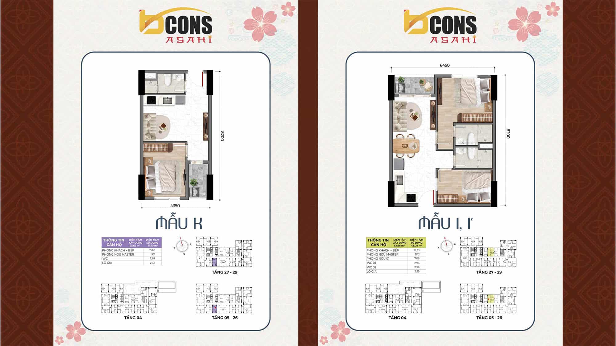 Mặt bằng căn hộ Bcons Asahi & thiết kế từng loại căn