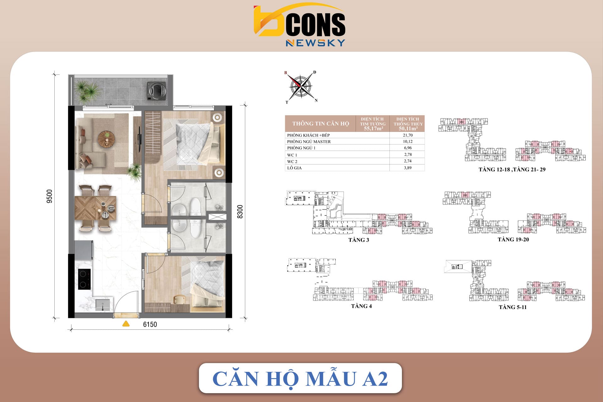 Mặt bằng căn hộ Bcons NewSky – Layout 1-3PN mới nhất