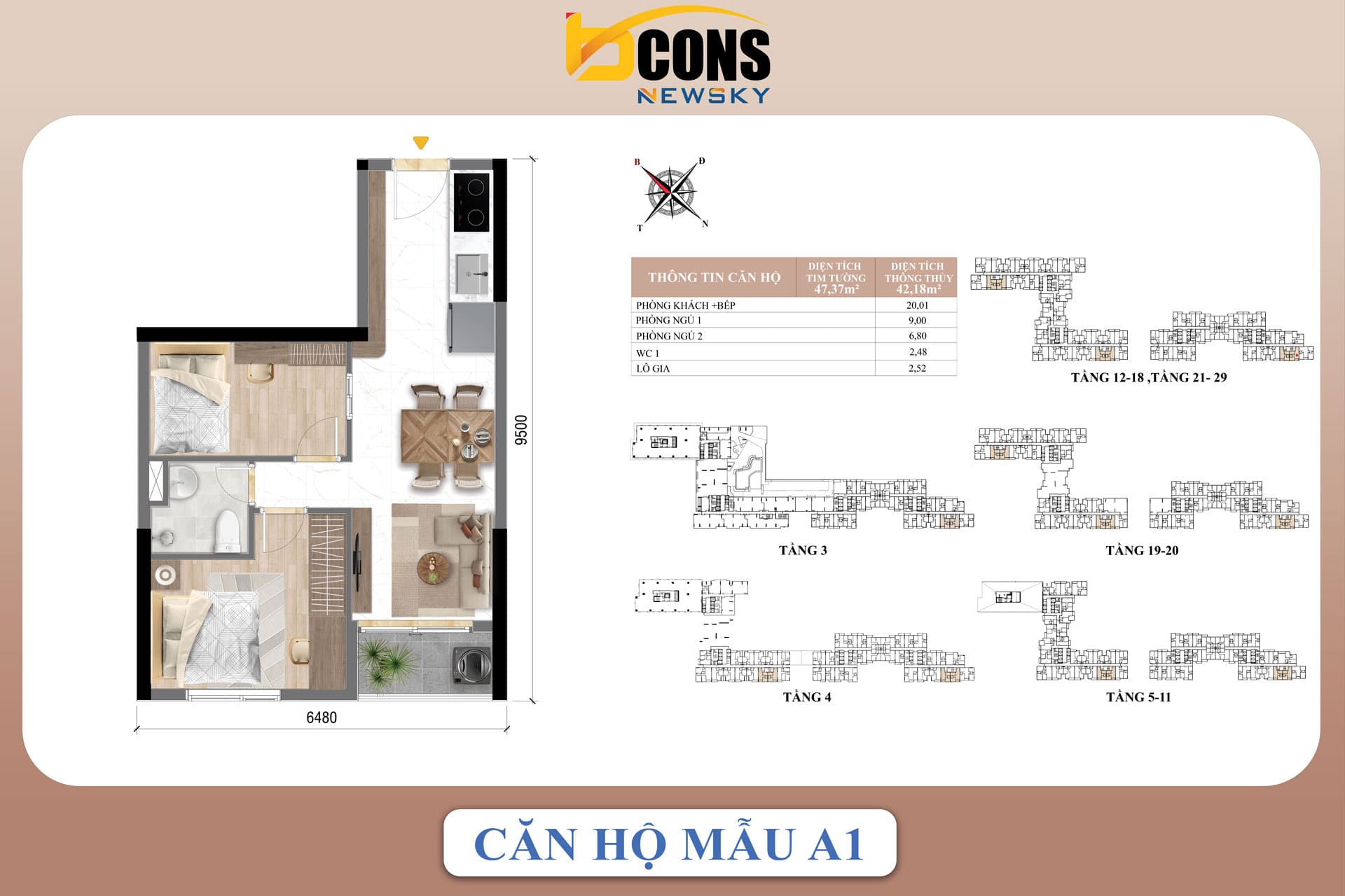 Mặt bằng căn hộ Bcons NewSky – Layout 1-3PN mới nhất