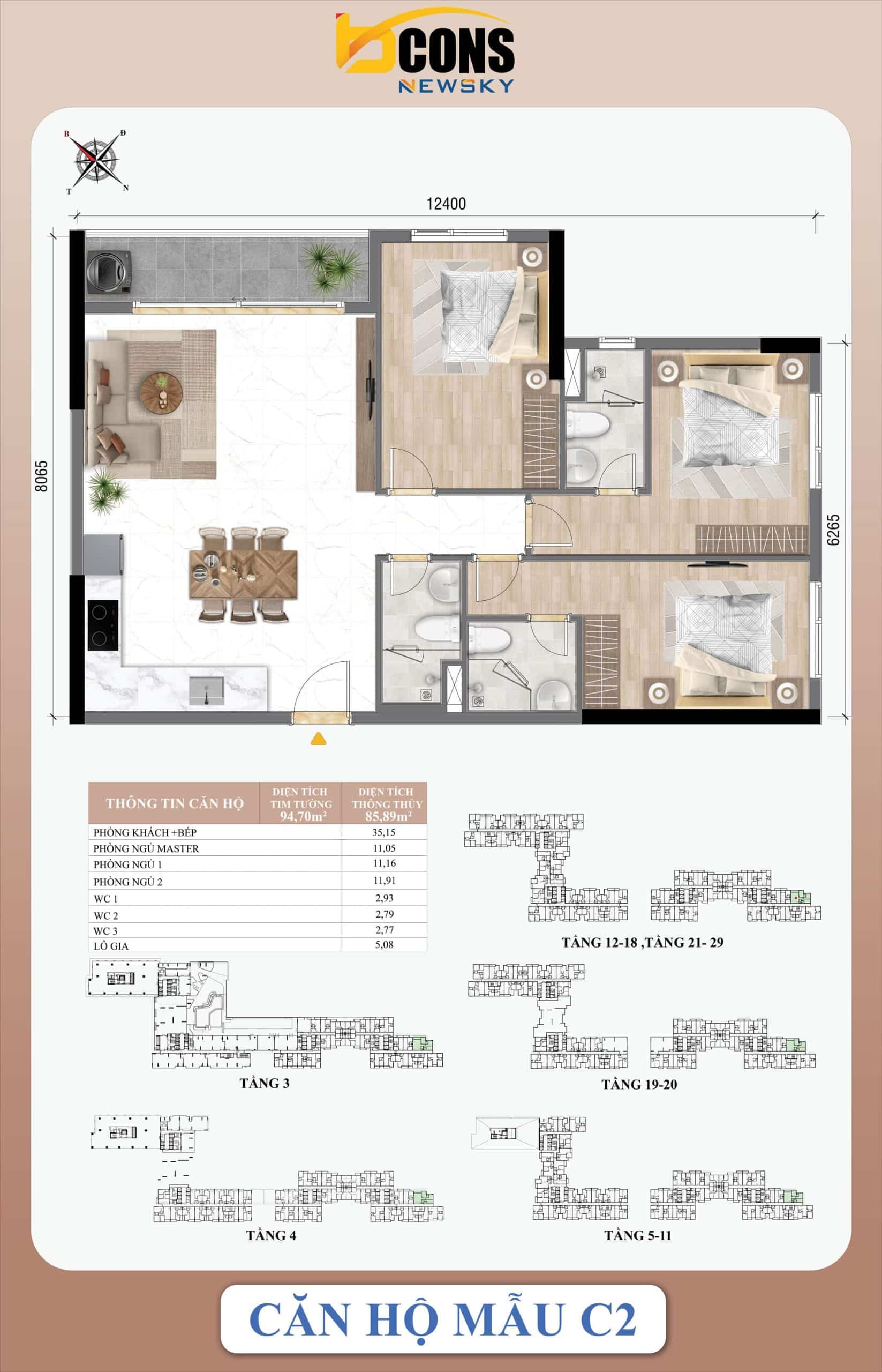 Mặt bằng căn hộ Bcons NewSky – Layout 1-3PN mới nhất