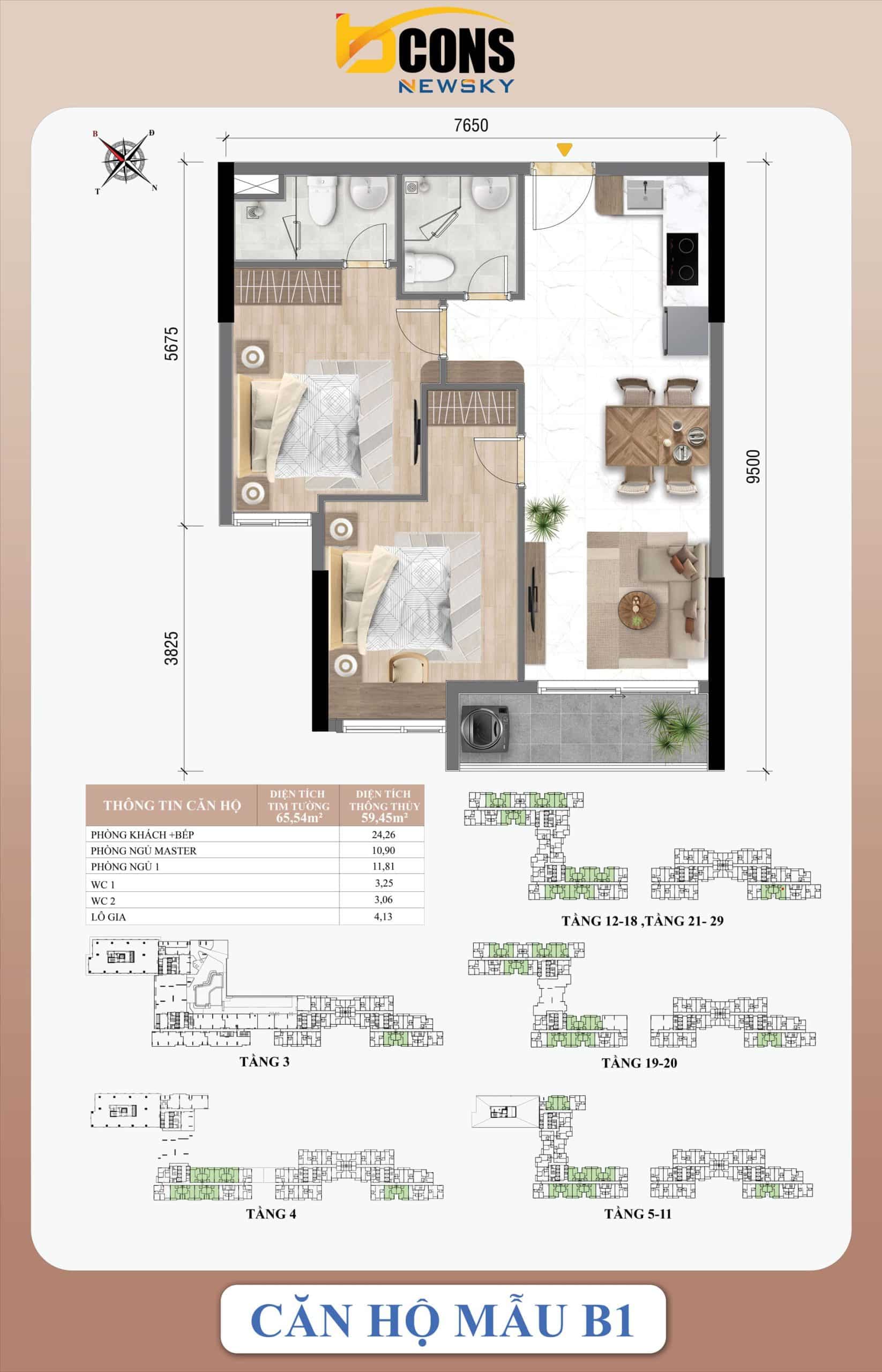 Mặt bằng căn hộ Bcons NewSky – Layout 1-3PN mới nhất