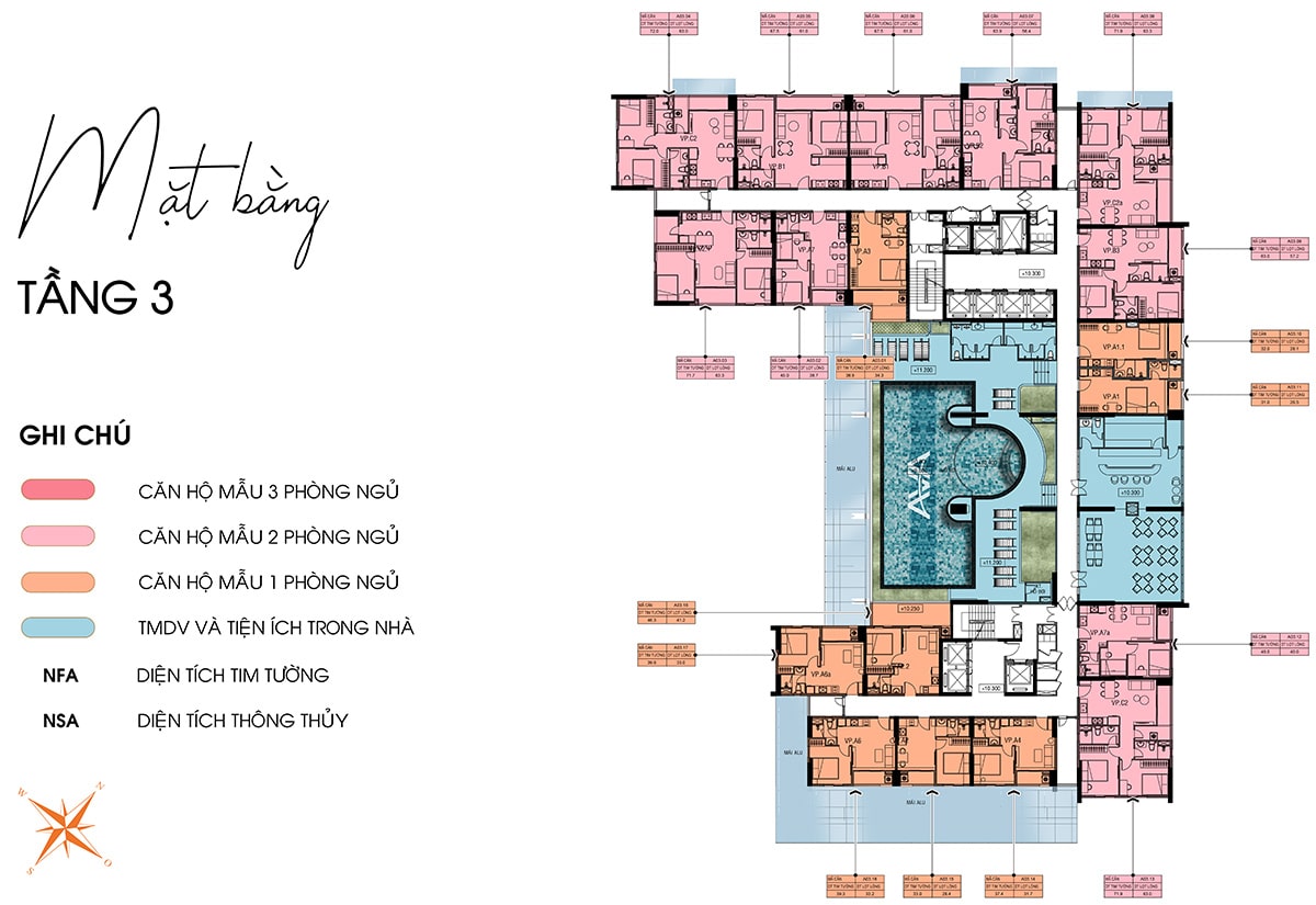 Mặt bằng căn hộ Ava Center: Layout 1-3PN
