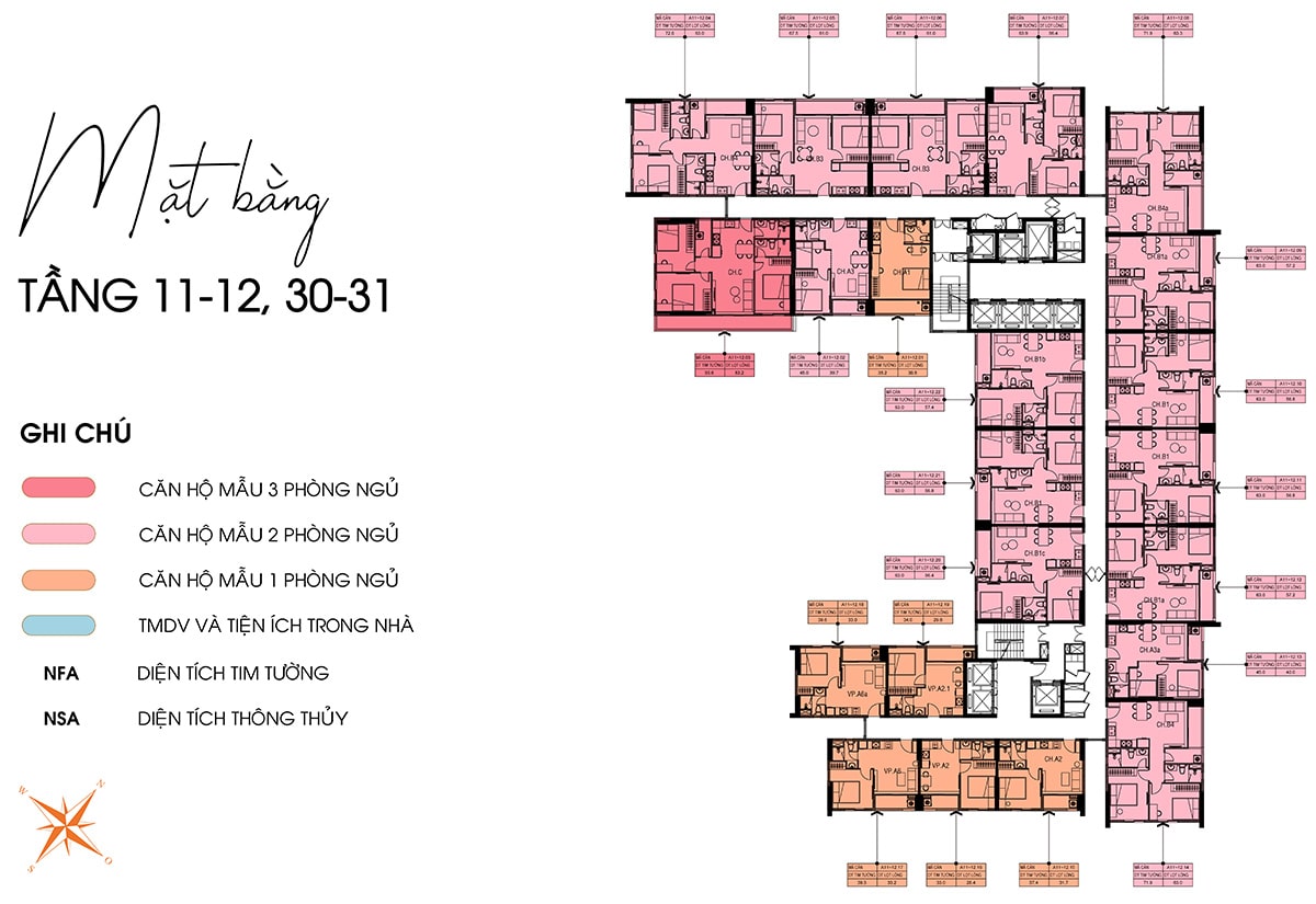 Mặt bằng căn hộ Ava Center: Layout 1-3PN