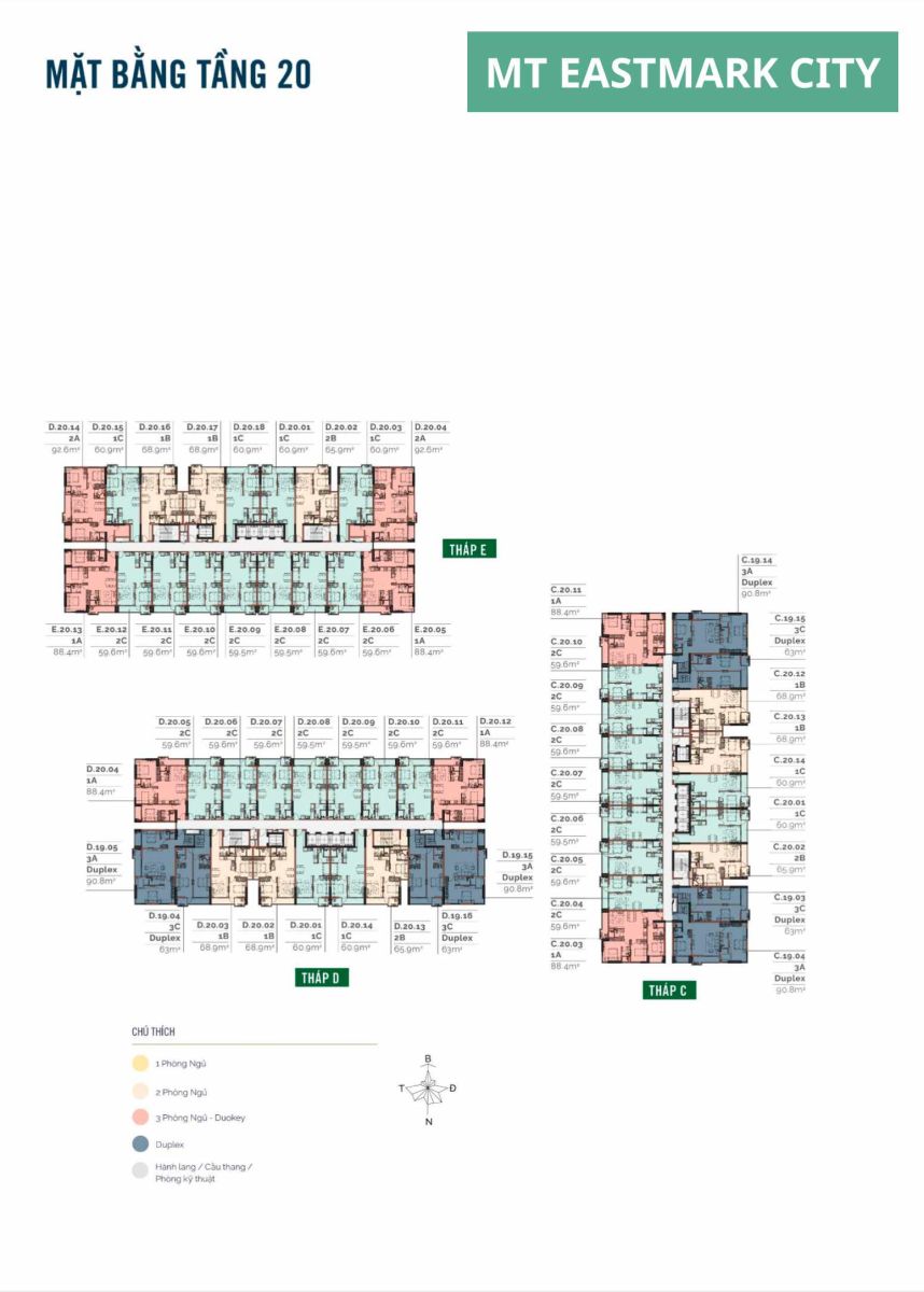 Mặt bằng căn hộ MT Eastmark City: Layout 1PN, 2PN, 3PN