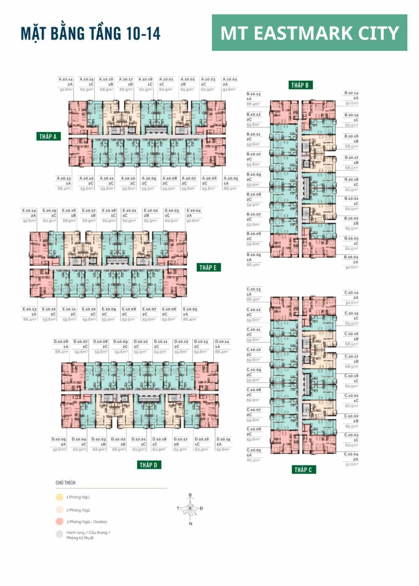 Mặt bằng căn hộ MT Eastmark City: Layout 1PN, 2PN, 3PN