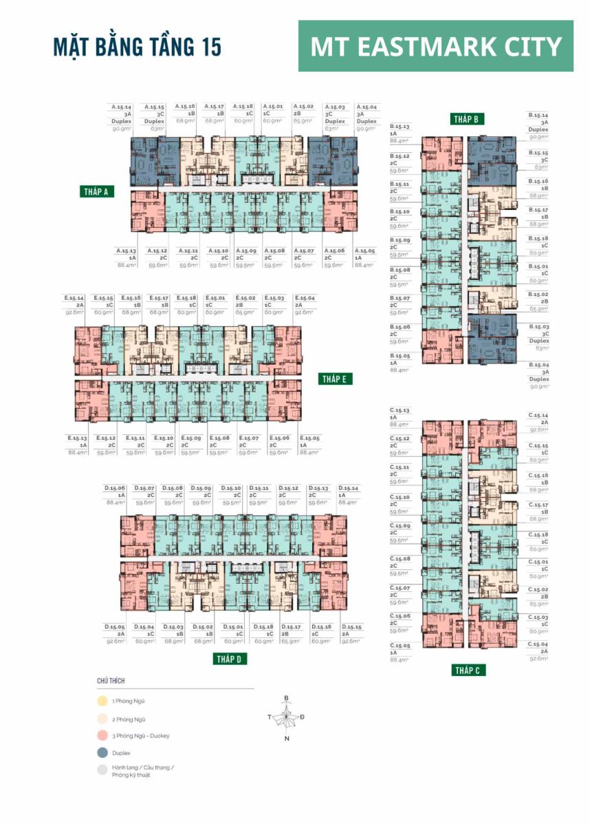 Mặt bằng căn hộ MT Eastmark City: Layout 1PN, 2PN, 3PN