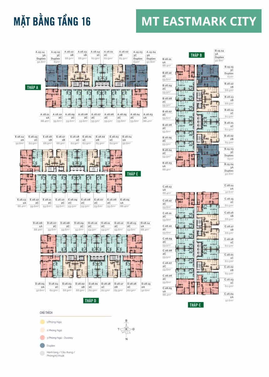 Mặt bằng căn hộ MT Eastmark City: Layout 1PN, 2PN, 3PN