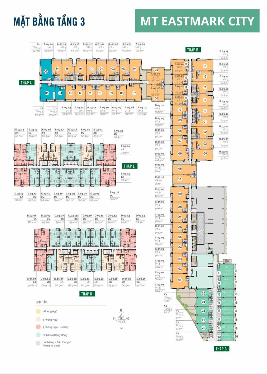 Mặt bằng căn hộ MT Eastmark City: Layout 1PN, 2PN, 3PN