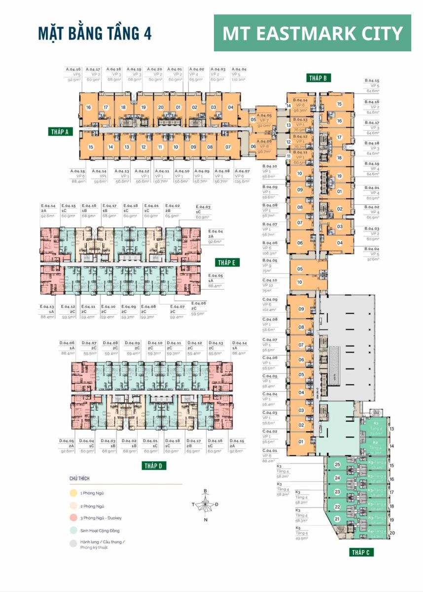 Mặt bằng căn hộ MT Eastmark City: Layout 1PN, 2PN, 3PN